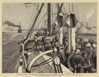 De oorlog in Egypte, de Grenadier Guards aan boord van de Batavia die het Suezkanaal binnenvaren, 20 augustus door John Charles Dollman